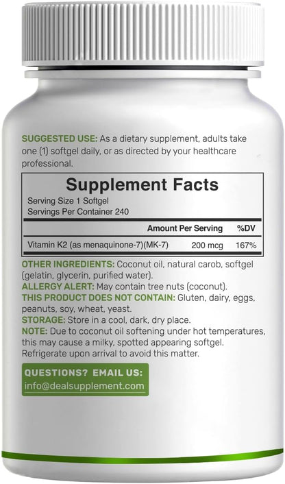 DEAL SUPPLEMENT Vitamin K2 MK-7 200mcg Per Serving, 240 Coconut Oil Softgels | Easily Absorbed Menaquinone-7 Form | Bone, Joint, & Immune Support – Non-GMO - PrimeBioHealth - canada supplements
