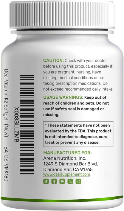 DEAL SUPPLEMENT Vitamin K2 MK-7 200mcg Per Serving, 240 Coconut Oil Softgels | Easily Absorbed Menaquinone-7 Form | Bone, Joint, & Immune Support – Non-GMO - PrimeBioHealth - canada supplements