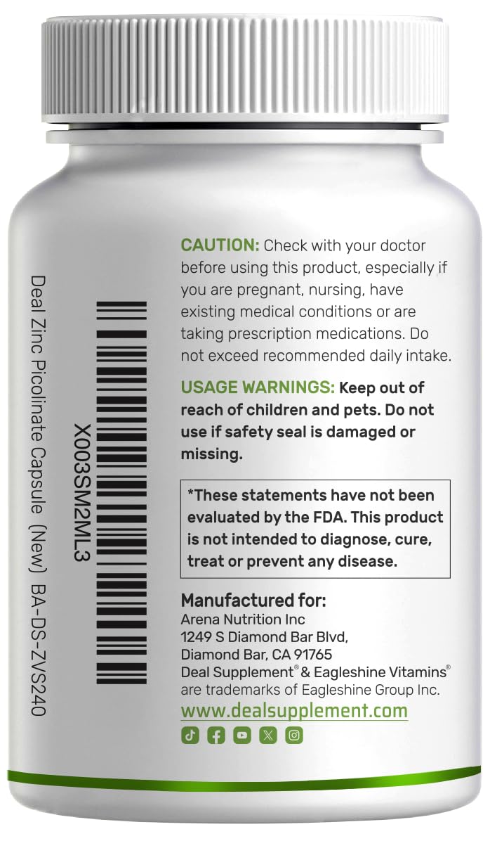 Deal Supplement Zinc 50mg with Selenium + Copper, 240 Capsules, 8 Month Supply, 3 in 1 Mineral Formula, Zinc Picolinate Complex Supplement - PrimeBioHealth - canada supplements