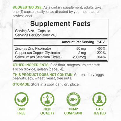 Deal Supplement Zinc 50mg with Selenium + Copper, 240 Capsules, 8 Month Supply, 3 in 1 Mineral Formula, Zinc Picolinate Complex Supplement - PrimeBioHealth - canada supplements