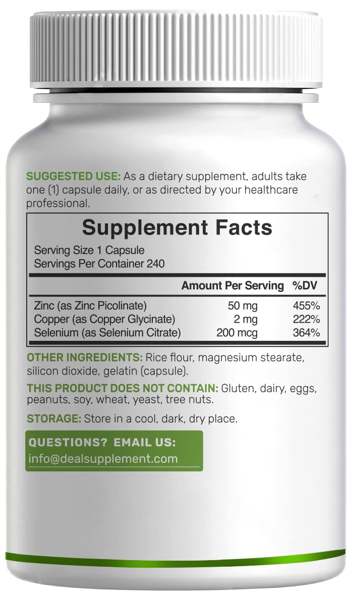 Deal Supplement Zinc 50mg with Selenium + Copper, 240 Capsules, 8 Month Supply, 3 in 1 Mineral Formula, Zinc Picolinate Complex Supplement - PrimeBioHealth - canada supplements