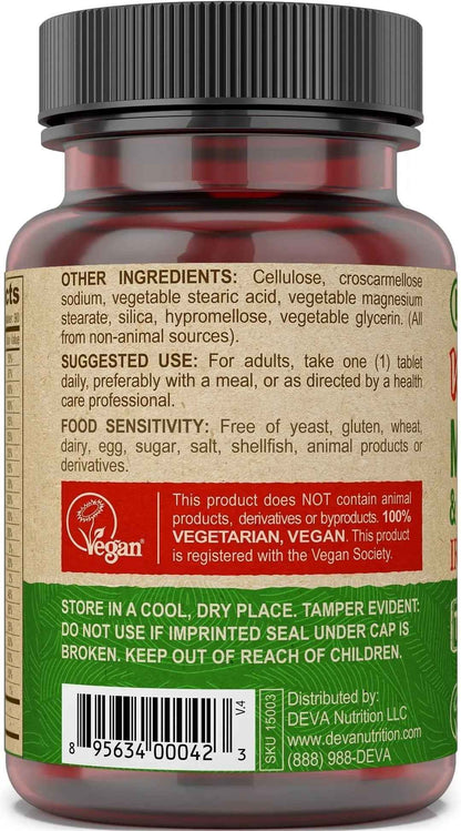 DEVA Vegan Iron-Free Multivitamin & Mineral Supplement, Vitamin C, D2, E & B-Complex, Biotin, 90 Tiny Tablets