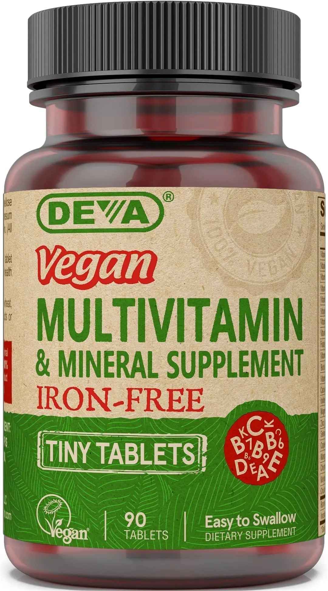 DEVA Vegan Iron-Free Multivitamin & Mineral Supplement, Vitamin C, D2, E & B-Complex, Biotin, 90 Tiny Tablets