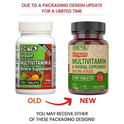DEVA Vegan Iron-Free Multivitamin & Mineral Supplement, Vitamin C, D2, E & B-Complex, Biotin, 90 Tiny Tablets