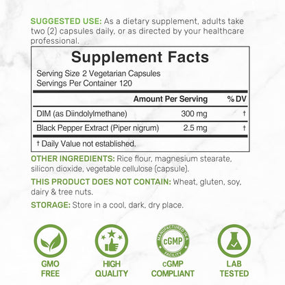 DIM Supplement 300mg with Black Pepper, 240 Vegetarian Caps, 4 Months Supply | 2-in-1 Dim Supplement for Women & Men | Diindolylmethane Plus Black Pepper Extract for Enhanced Absorption* - PrimeBioHealth - canada supplements