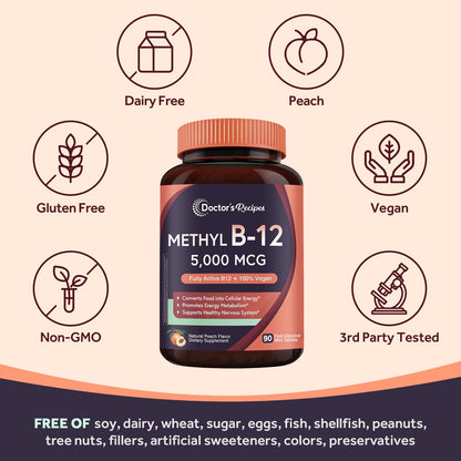 Doctor's Recipes Vitamin B12, Methylcobalamin 5000 mcg 90 Fast Dissolve Tablets, Natural Peach Flavor, Vegan Methyl, Energy Metabolism & Nervous System - PrimeBioHealth - canada supplements