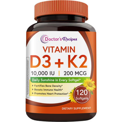 Doctor's Recipes Vitamin D3 K2, 10,000 IU, 200 mcg, MK-7, Strong Bone Density, Teeth, Immune, Heart Support, Energy, Calcium Absorption, - PrimeBioHealth - canada supplements