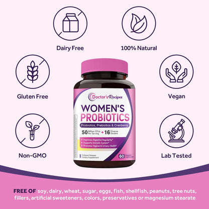 Doctor's Recipes Women's Probiotic, 60 Caps 50 Billion CFU 16 Strains, with Organic Cranberry, Digestive Immune Vaginal & Urinary Health, Shelf Stable - PrimeBioHealth - canada supplements