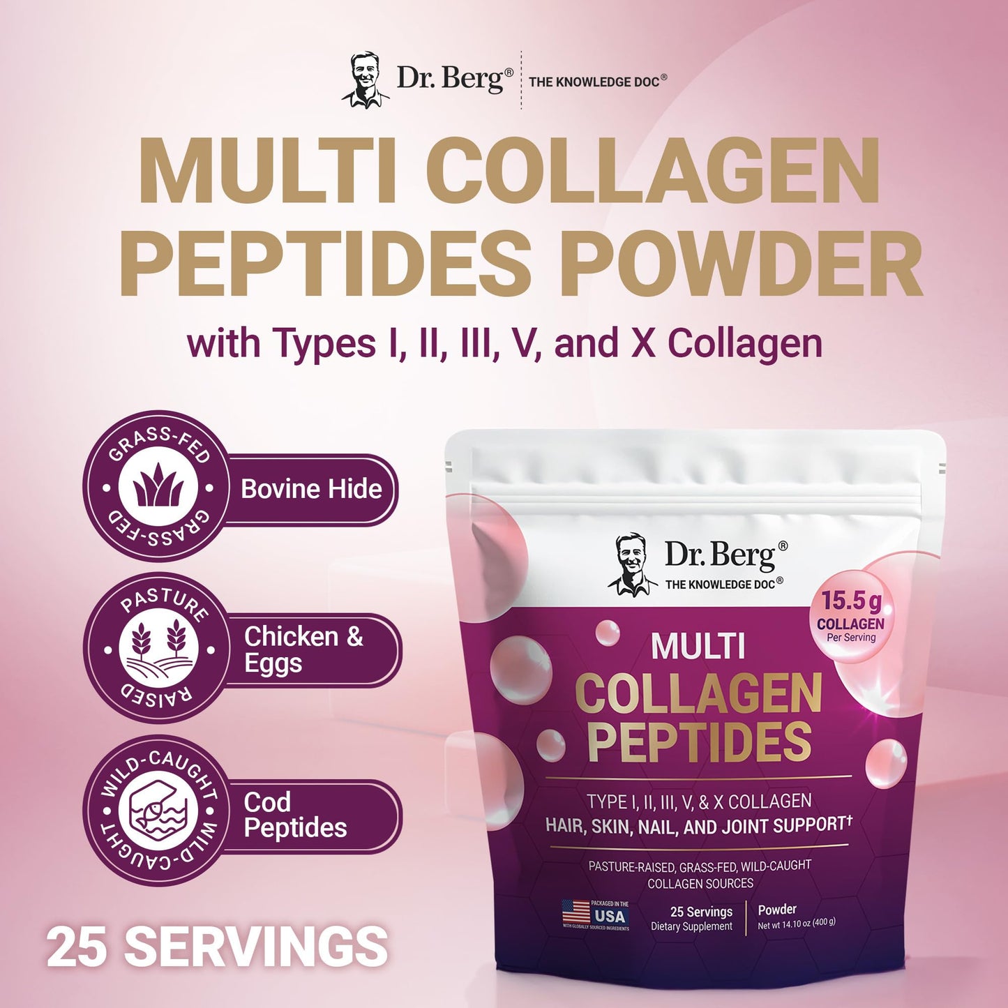 Dr. Berg Multi Collagen Peptides Powder Types I, II, III, V, X - Unflavored Collagen Powder w/ 14 g of Protein - Grass-Fed - PrimeBioHealth - canada supplements