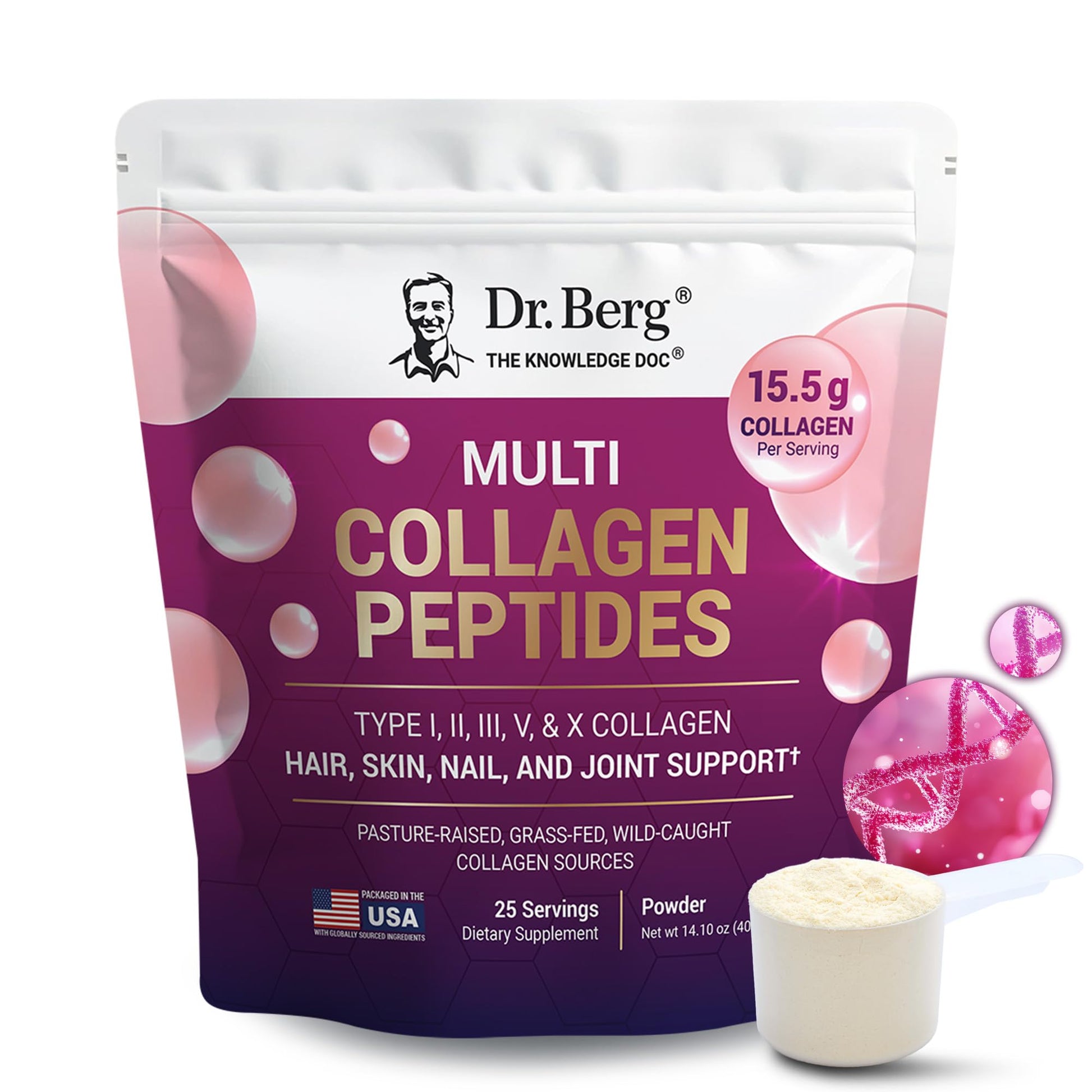 Dr. Berg Multi Collagen Peptides Powder Types I, II, III, V, X - Unflavored Collagen Powder w/ 14 g of Protein - Grass-Fed - PrimeBioHealth - canada supplements