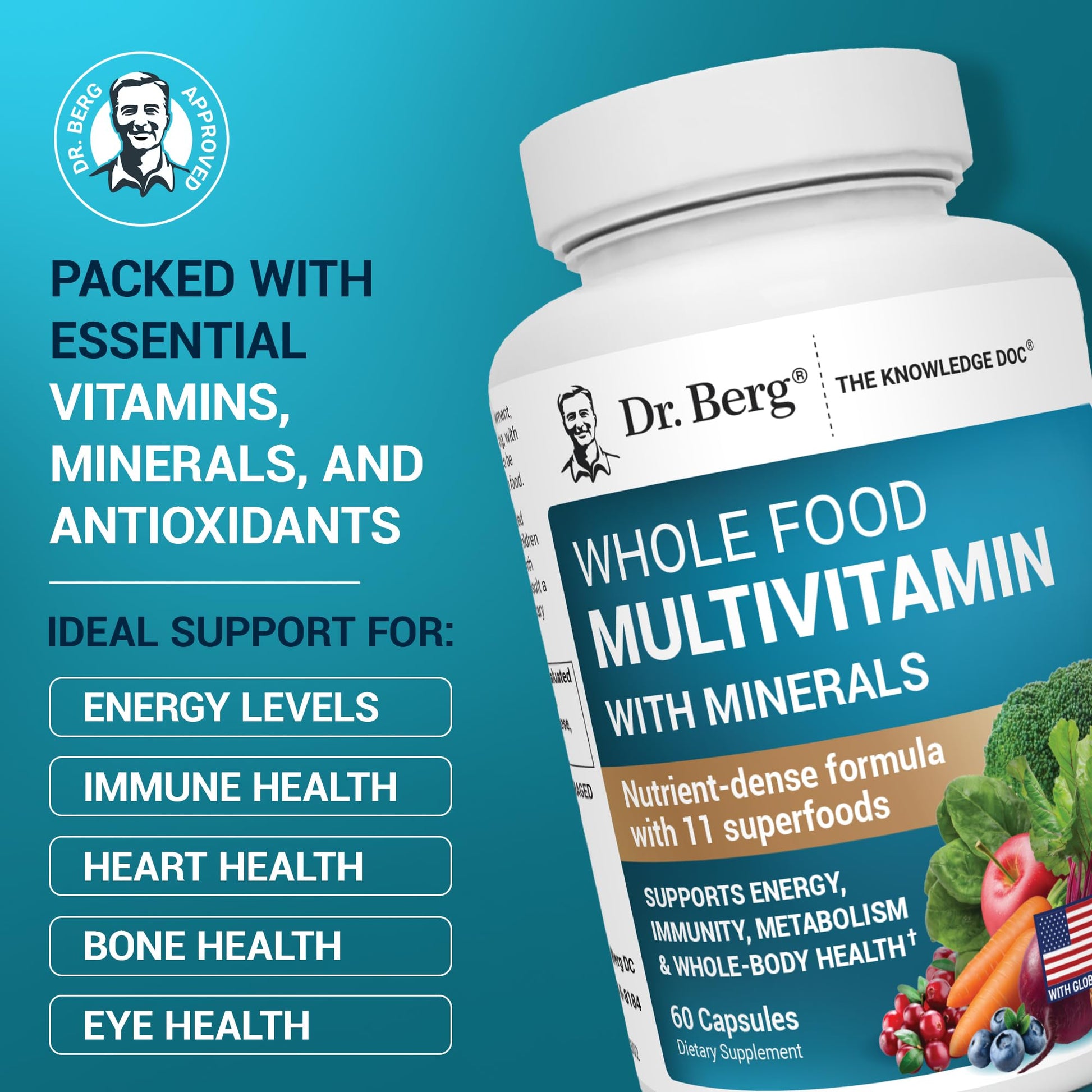 Dr. Berg Whole Food Multivitamin with Minerals - Daily Multivitamin for Men and Women - Includes Premium Whole Food Fruits and Vegetable Blend with Folate - PrimeBioHealth - canada supplements