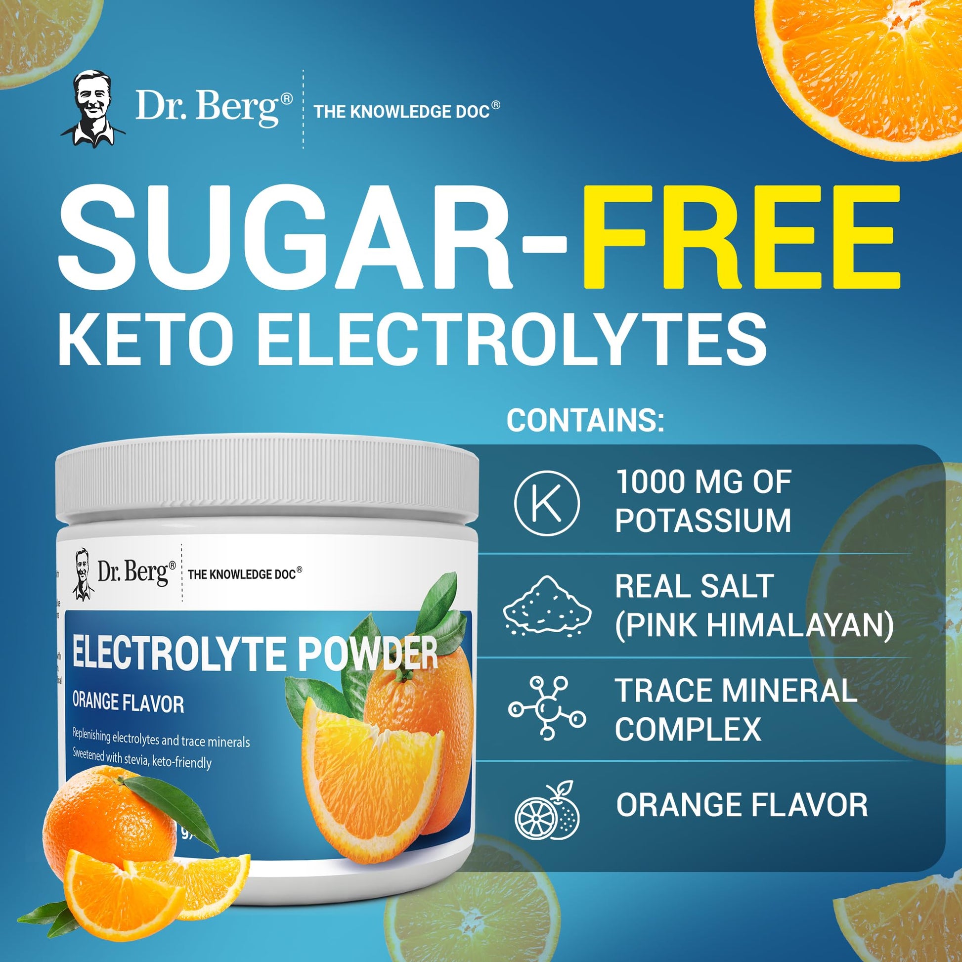 Dr. Berg Zero Sugar Hydration Keto Electrolyte Powder - Enhanced w/ 1000 mg of Potassium & Real Pink Himalayan Salt (NOT Table Salt) - Orange Flavor Hydration Drink Mix Supplement - 50 Servings - PrimeBioHealth - canada supplements