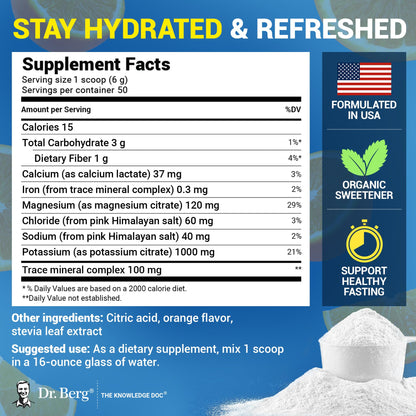 Dr. Berg Zero Sugar Hydration Keto Electrolyte Powder - Enhanced w/ 1000 mg of Potassium & Real Pink Himalayan Salt (NOT Table Salt) - Orange Flavor Hydration Drink Mix Supplement - 50 Servings - PrimeBioHealth - canada supplements