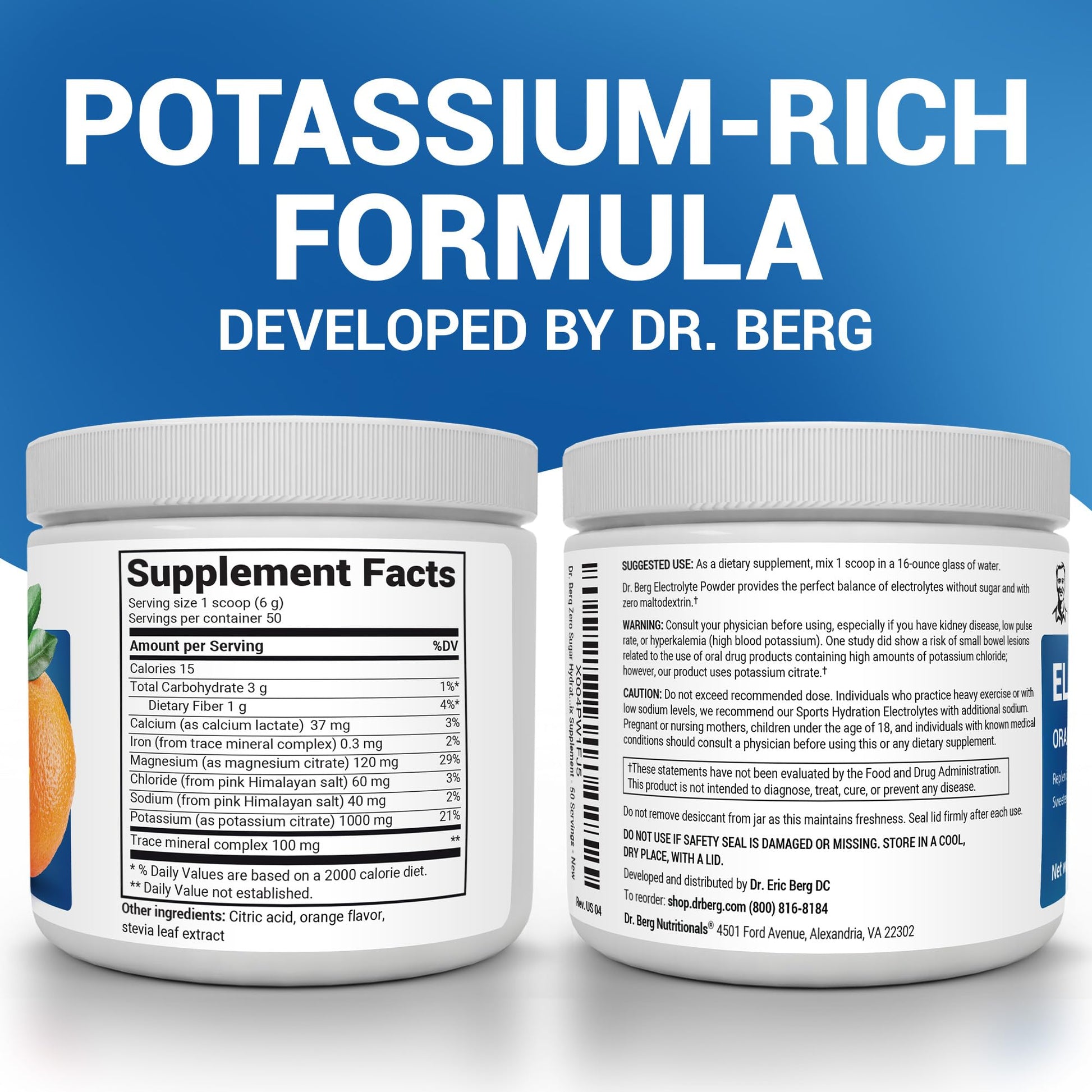Dr. Berg Zero Sugar Hydration Keto Electrolyte Powder - Enhanced w/ 1000 mg of Potassium & Real Pink Himalayan Salt (NOT Table Salt) - Orange Flavor Hydration Drink Mix Supplement - 50 Servings - PrimeBioHealth - canada supplements