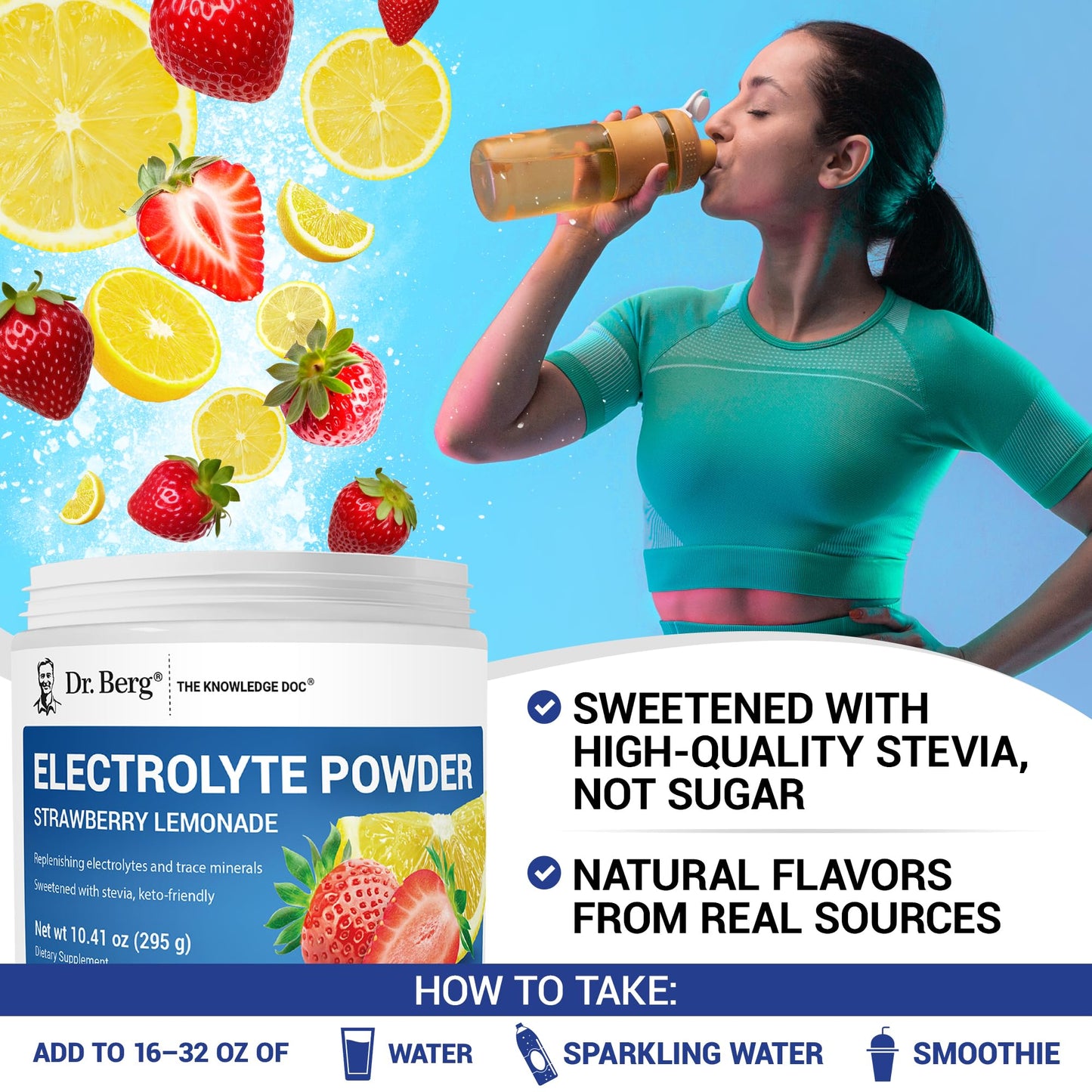 Dr. Berg Zero Sugar Hydration Keto Electrolyte Powder - Enhanced w/ 1000 mg of Potassium & Real Pink Himalayan Salt (NOT Table Salt) - Strawberry Lemonade Hydration Drink Supplement - 50 Servings - PrimeBioHealth - canada supplements