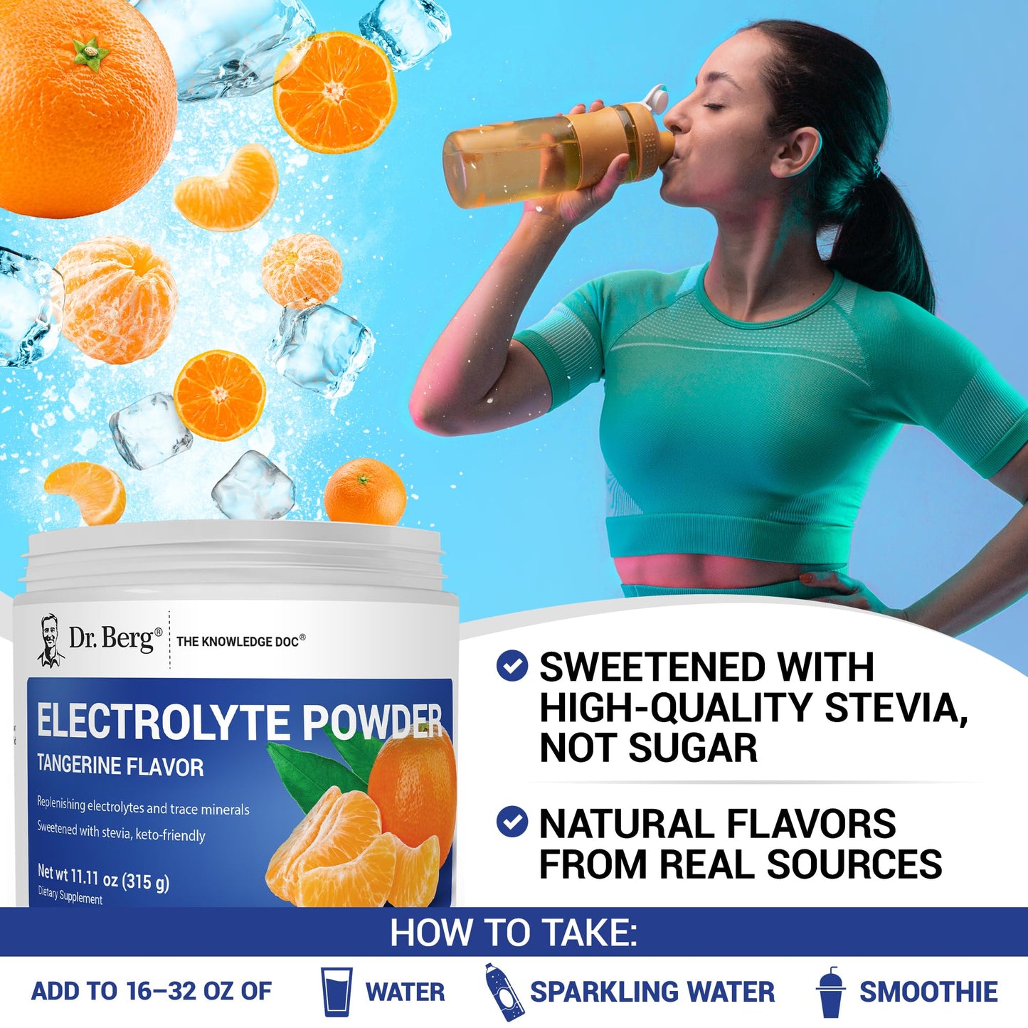 Dr. Berg Zero Sugar Hydration Keto Electrolyte Powder - Enhanced w/ 1000 mg of Potassium & Real Pink Himalayan Salt (NOT Table Salt) - Tangerine Flavor Hydration Drink Mix Supplement - 50 Servings - PrimeBioHealth - canada supplements