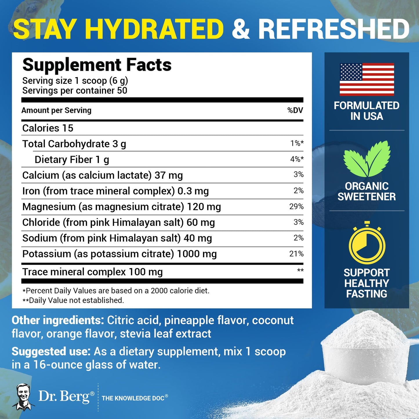Dr. Berg Zero Sugar Hydration Keto Electrolyte Powder - Enhanced w/ 1000 mg of Potassium & Real Pink Himalayan Salt (NOT Table Salt) - Tropical Coconut - PrimeBioHealth - canada supplements
