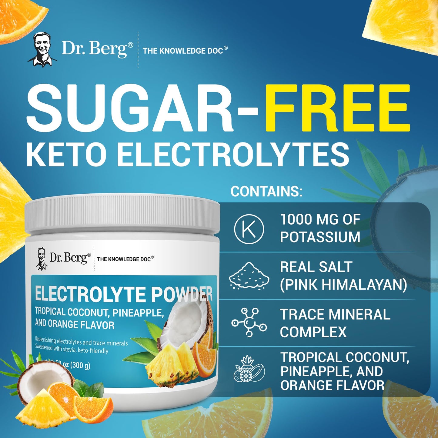 Dr. Berg Zero Sugar Hydration Keto Electrolyte Powder - Enhanced w/ 1000 mg of Potassium & Real Pink Himalayan Salt (NOT Table Salt) - Tropical Coconut - PrimeBioHealth - canada supplements