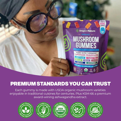 Drops Of Nature Lions Mane & Ashwagandha Gummies – Turkey Tail, Maitake, Reishi, Chaga, Shiitake, Cordyceps – Organic, Low Carb Superfood Gummies - PrimeBioHealth - canada supplements