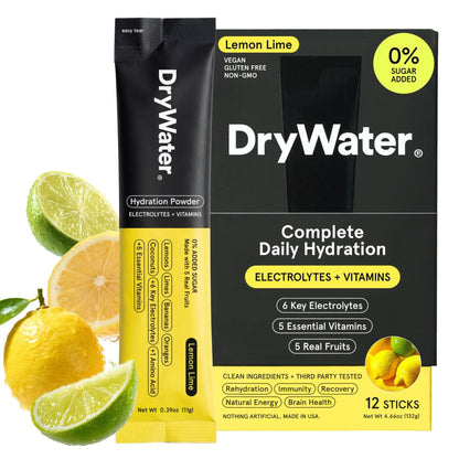 DryWater Electrolyte Powder Packets, Lemon Lime - Hydration Packets Drink Mix with Zero Added Sugar for Rehydration & Energy - 6 Key Electrolytes - PrimeBioHealth - canada supplements