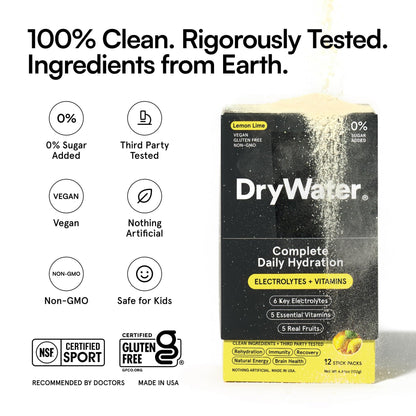 DryWater Electrolyte Powder Packets, Lemon Lime - Hydration Packets Drink Mix with Zero Added Sugar for Rehydration & Energy - 6 Key Electrolytes - PrimeBioHealth - canada supplements