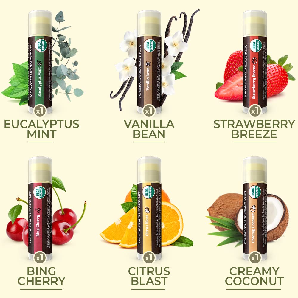 Earth's Daughter USDA Organic Lip Balm 6-Pack - Fruit Flavors, Beeswax, Coconut Oil, Vitamin E - Best Lip Repair - PrimeBioHealth - canada supplements