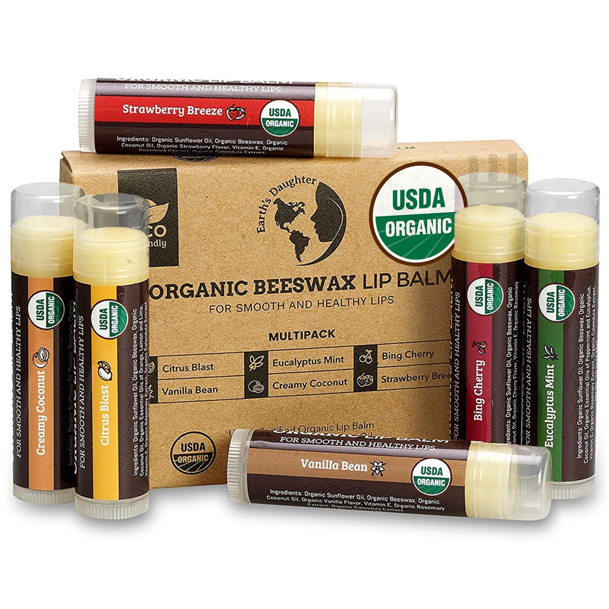 Earth's Daughter USDA Organic Lip Balm 6-Pack - Fruit Flavors, Beeswax, Coconut Oil, Vitamin E - Best Lip Repair - PrimeBioHealth - canada supplements