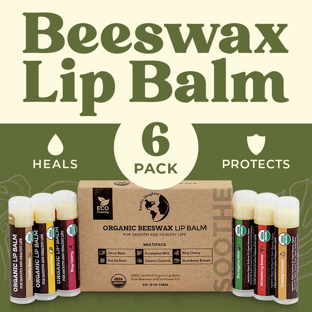Earth's Daughter USDA Organic Lip Balm 6-Pack - Fruit Flavors, Beeswax, Coconut Oil, Vitamin E - Best Lip Repair - PrimeBioHealth - canada supplements