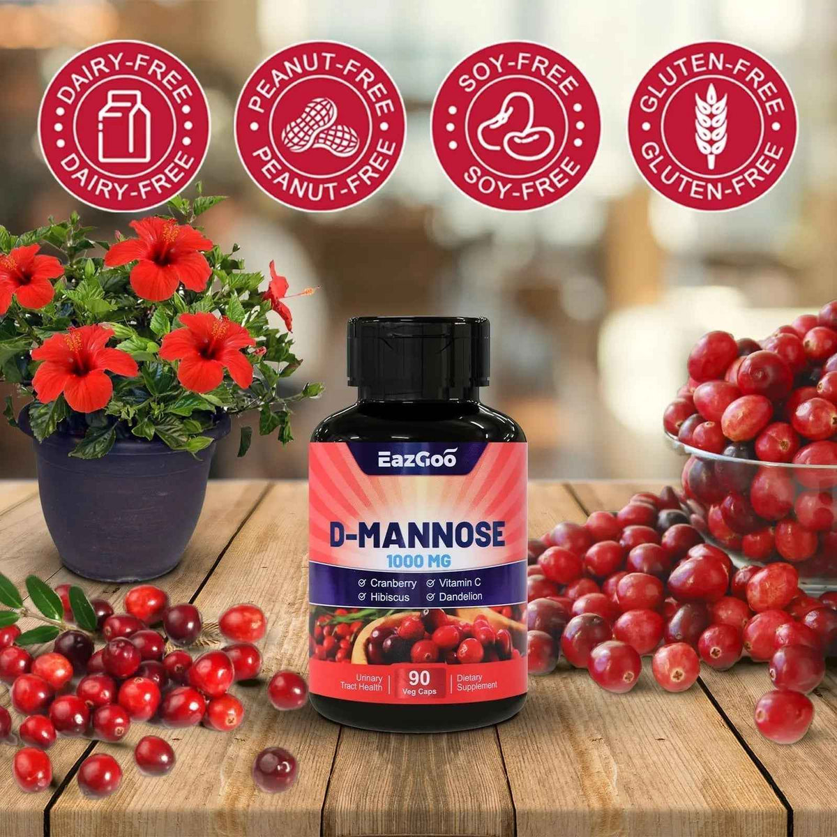 EAZGOO D-Mannose Supplement – 1000mg Capsules with Cranberry, Vitamin C, Hibiscus & Dandelion Extract, Support Urinary Health, D Mannose & Cranberry Capsules, 90 Count(Pack of 2)