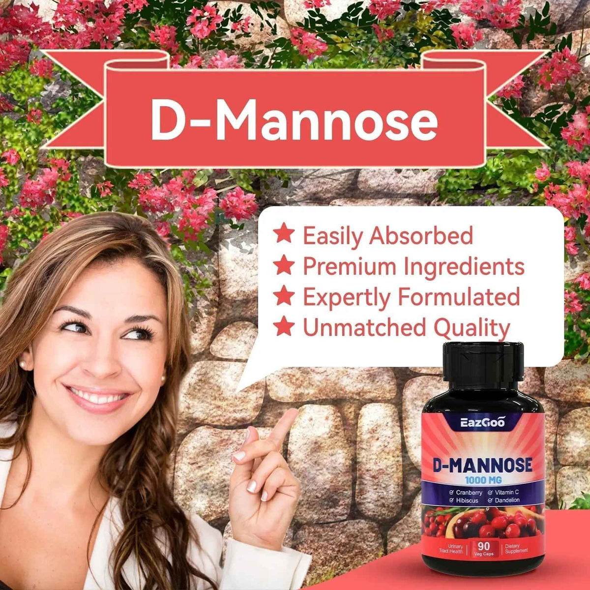 EAZGOO D-Mannose Supplement – 1000mg Capsules with Cranberry, Vitamin C, Hibiscus & Dandelion Extract, Support Urinary Health, D Mannose & Cranberry Capsules, 90 Count(Pack of 2)