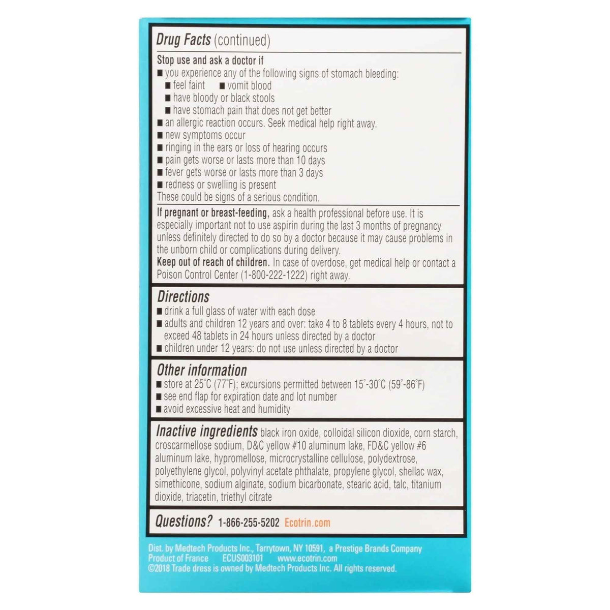 Ecotrin Low Strength Safety Coated Aspirin | NSAID | 81mg | 365 Tablets