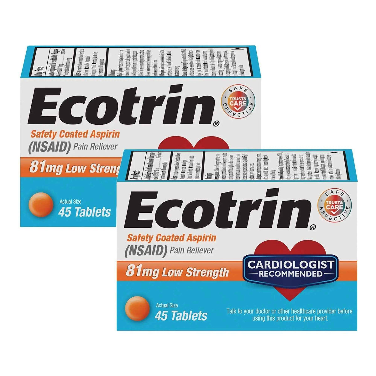Ecotrin Low Strength Safety Coated Aspirin, NSAID 81mg, 45 count (2 Pack)