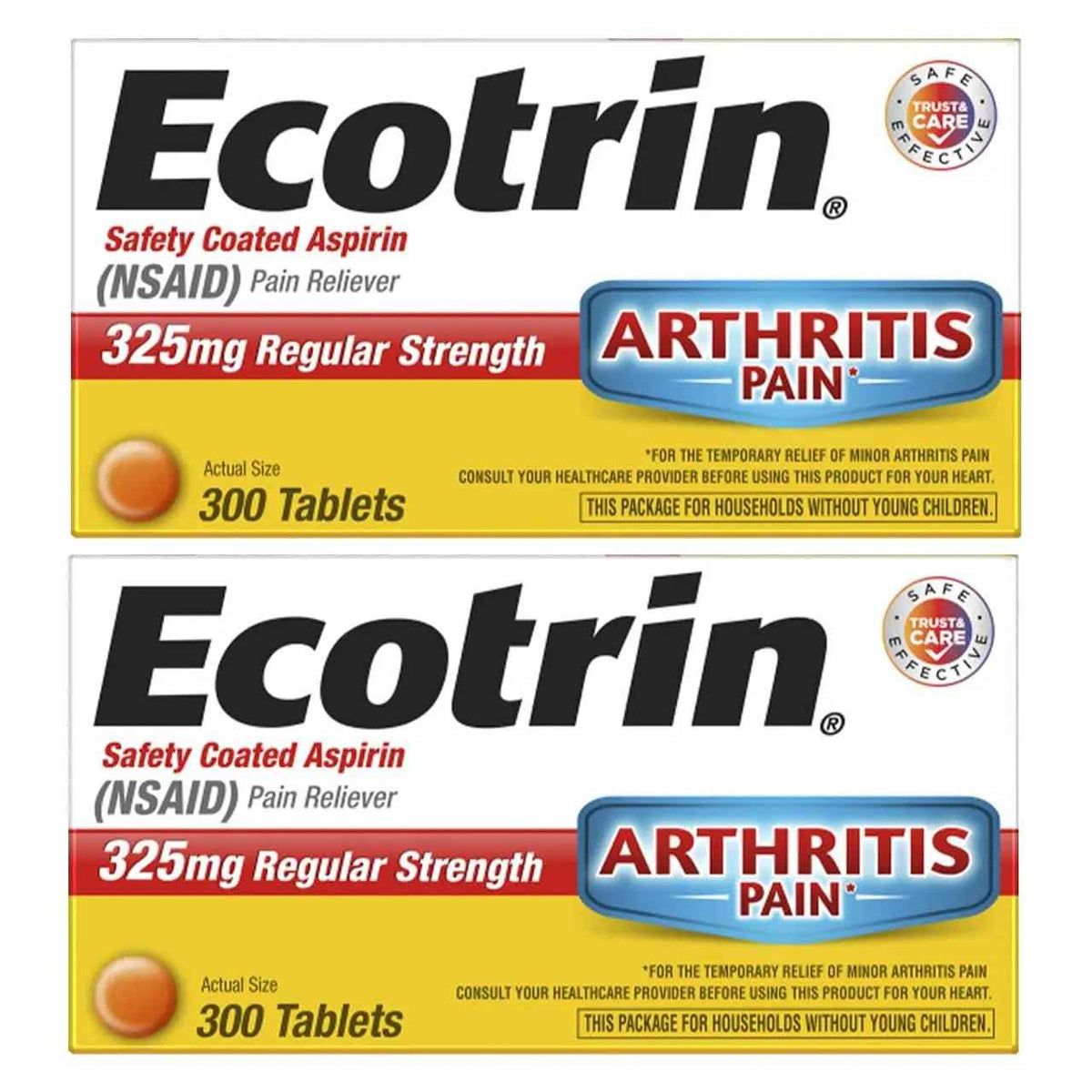 Ecotrin Regular Strength Safety Coated Aspirin | Arthritis Pain | 300 Tablets (2 Pack)