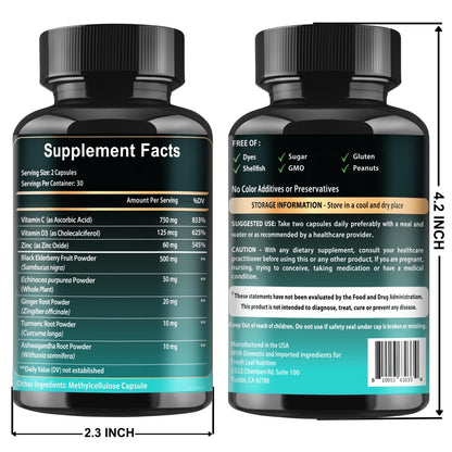 Elderberry Immune Support Supplement 8-in-1 Formula with Echinacea, Vitamin C & Zinc, Vitamin D 5000 IU, Turmeric, Ginger, Ashwagandha – 60 Capsules - PrimeBioHealth - canada supplements