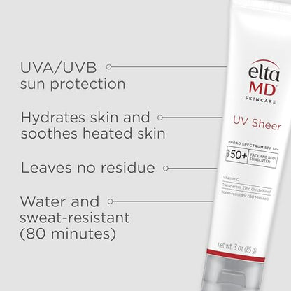 EltaMD UV Sheer Face and Body Sunscreen SPF 50+, Oil Free, No White Cast Sunscreen for Face and Body, Zinc Oxide Formula, 3.0 oz Tube - PrimeBioHealth - canada supplements