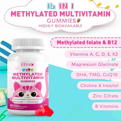 Elysx Kids Methylated Multivitamin Chewable Gummies, MTHFR Supplement with L Methylfolate, Magnesium, Biotin, Choline