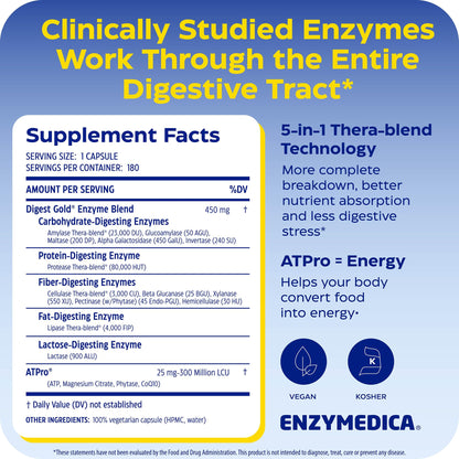 Enzymedica Digest Gold - Digestive Enzyme Supplement for Women & Men, Enzyme Capsules for Digestion, Gut Health Support, Helps Gas & Bloating, ATPro Energy Support, - PrimeBioHealth - canada supplements