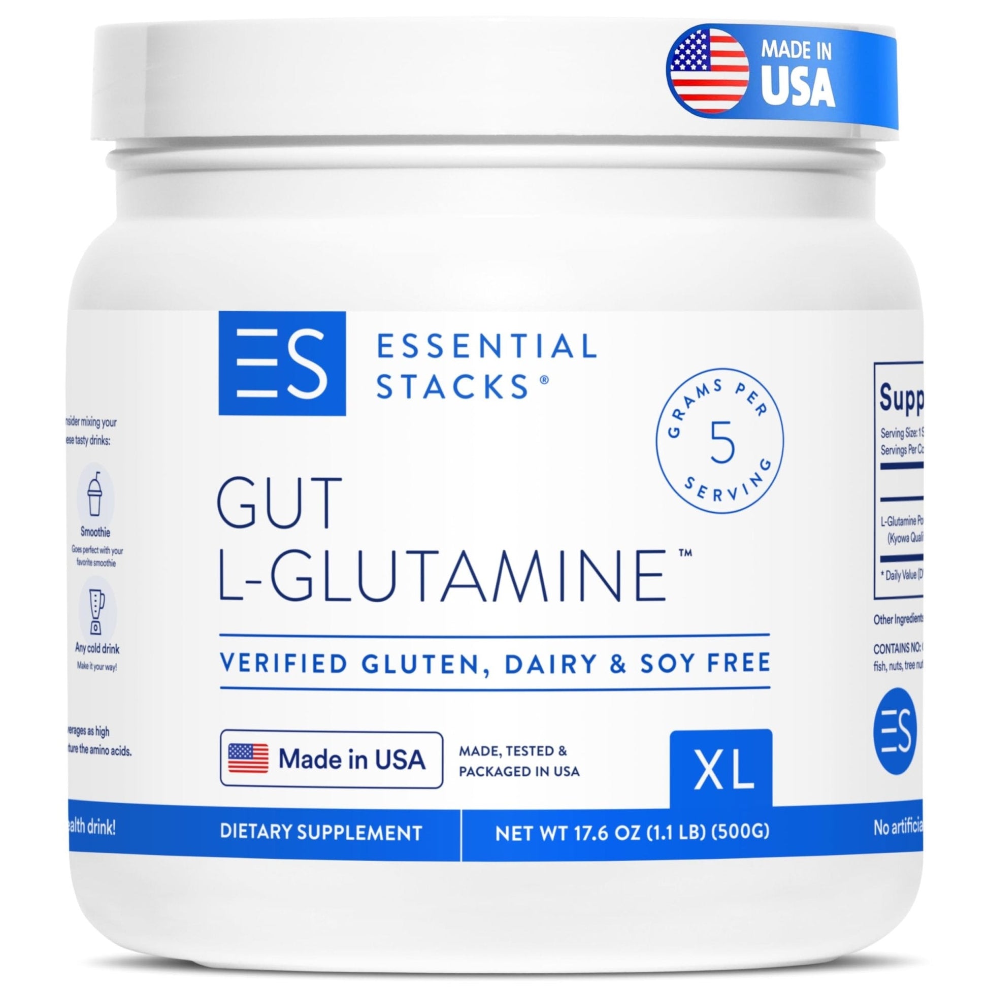 Essential Stacks Gut L-Glutamine Powder - Exclusively Made in USA - Pure L Glutamine Powder for Gut Health (100 Servings, Unflavored) - PrimeBioHealth - canada supplements