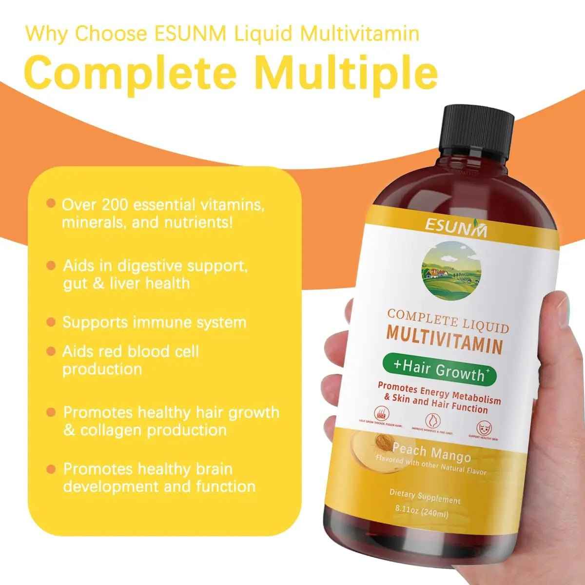 ESUNM Complete Liquid Multivitamin + Hair Growth, Promotes Energy Metabolism& Skin and Hair Function| Vitamin C D | B Vitamins |