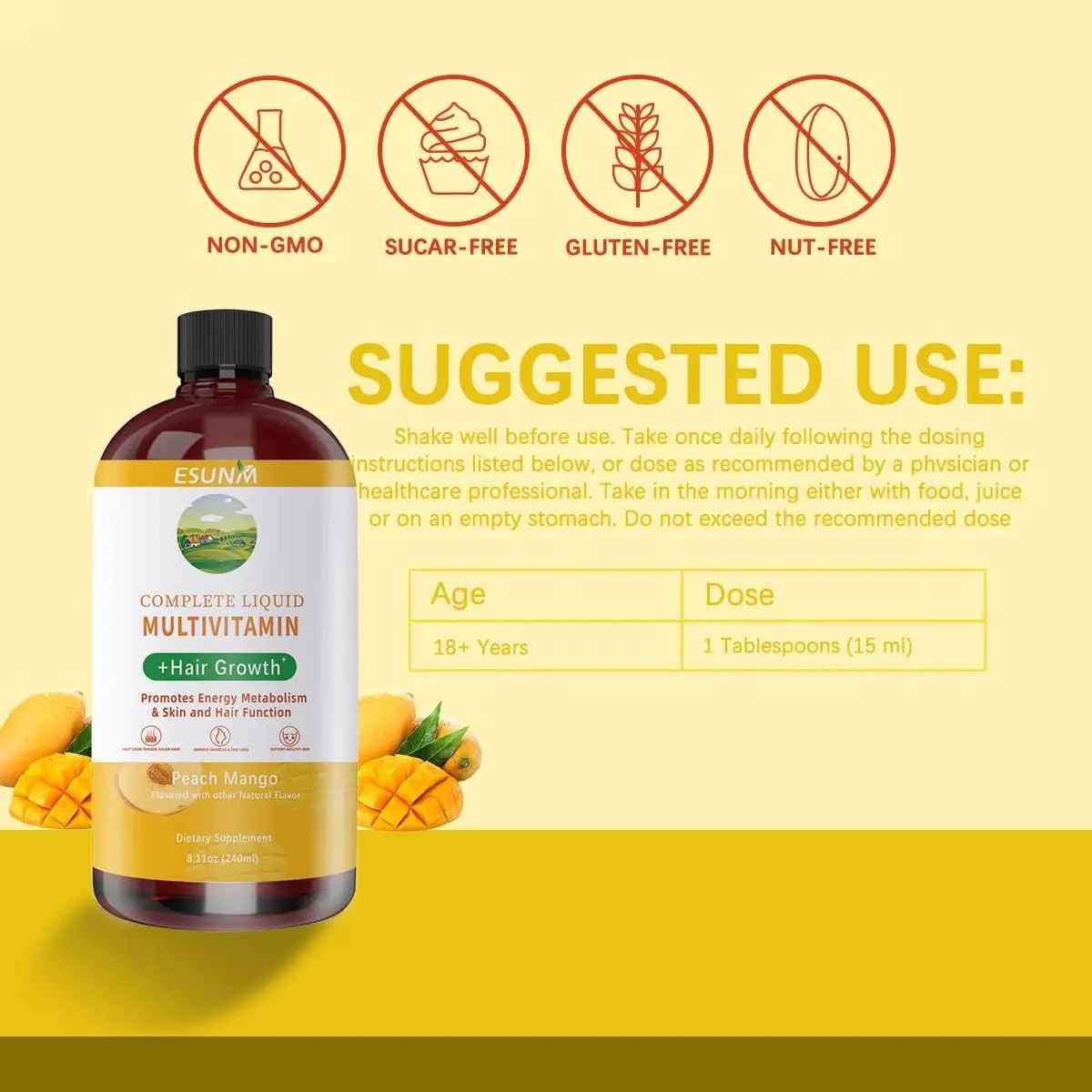 ESUNM Complete Liquid Multivitamin + Hair Growth, Promotes Energy Metabolism& Skin and Hair Function| Vitamin C D | B Vitamins |