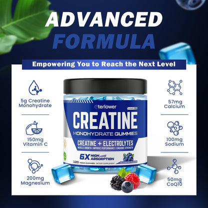 eterlower Creatine Monohydrate Gummies 5g – Pre-Workout Energy & Muscle Growth Support for Men & Women | Blueberry Electrolyte Gummies, 120 Count - PrimeBioHealth - canada supplements