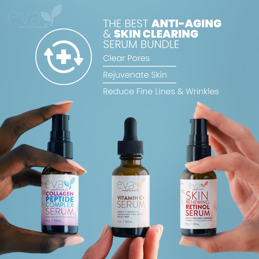 Eva Naturals Trifecta Face Serum Set – Retinol, Vitamin C & Peptides with Hyaluronic Acid & Niacinamide – Anti-Aging Skincare Bundle for Women - PrimeBioHealth - canada supplements