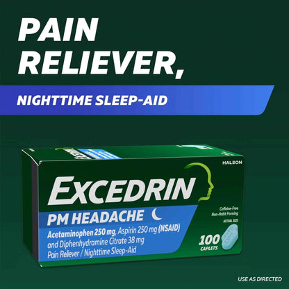 Excedrin PM for Headache Relief, Acetaminophen 250mg, Aspirin 250mg, Diphenhydramine Citrate 38mg, Pain Reliever, Nighttime Sleep-Aid, 100 Count
