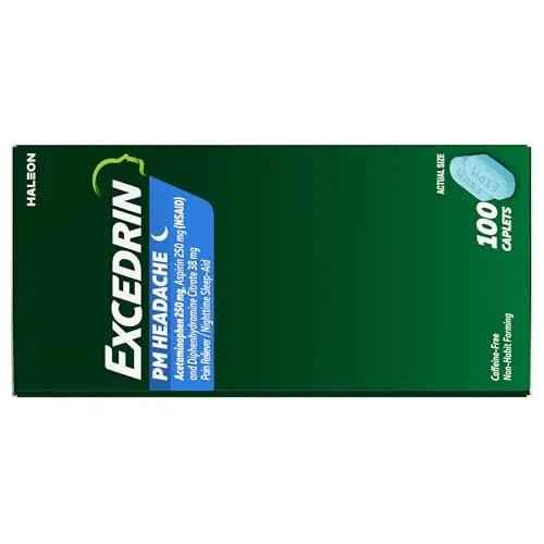 Excedrin PM for Headache Relief, Acetaminophen 250mg, Aspirin 250mg, Diphenhydramine Citrate 38mg, Pain Reliever, Nighttime Sleep-Aid, 100 Count