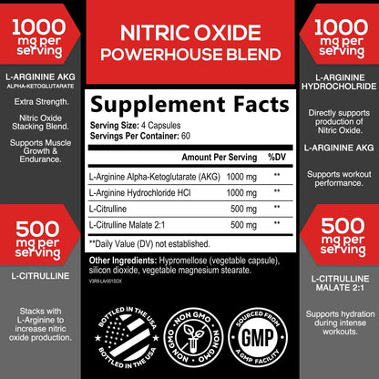 Extra Strength Nitric Oxide Booster - 3X Strength L-Arginine AKG & Citrulline Malate - Men & Women Premium Pre Workout Nitric Booster - Natural Energy & Muscle Support - PrimeBioHealth - canada supplements