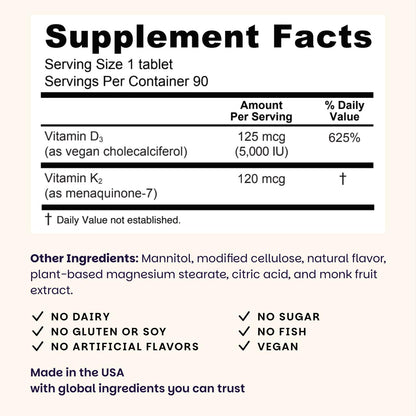 EZ Melts Dissolvable Vegan Vitamin D3 + K2 5,000 IU - Bone & Heart Health Support - Immune Function Support - No Artificial Flavors - Non-GMO - Green Apple - PrimeBioHealth - canada supplements