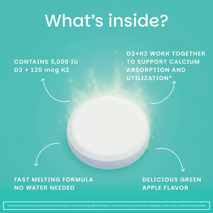 EZ Melts Dissolvable Vegan Vitamin D3 + K2 5,000 IU - Bone & Heart Health Support - Immune Function Support - No Artificial Flavors - Non-GMO - Green Apple - PrimeBioHealth - canada supplements