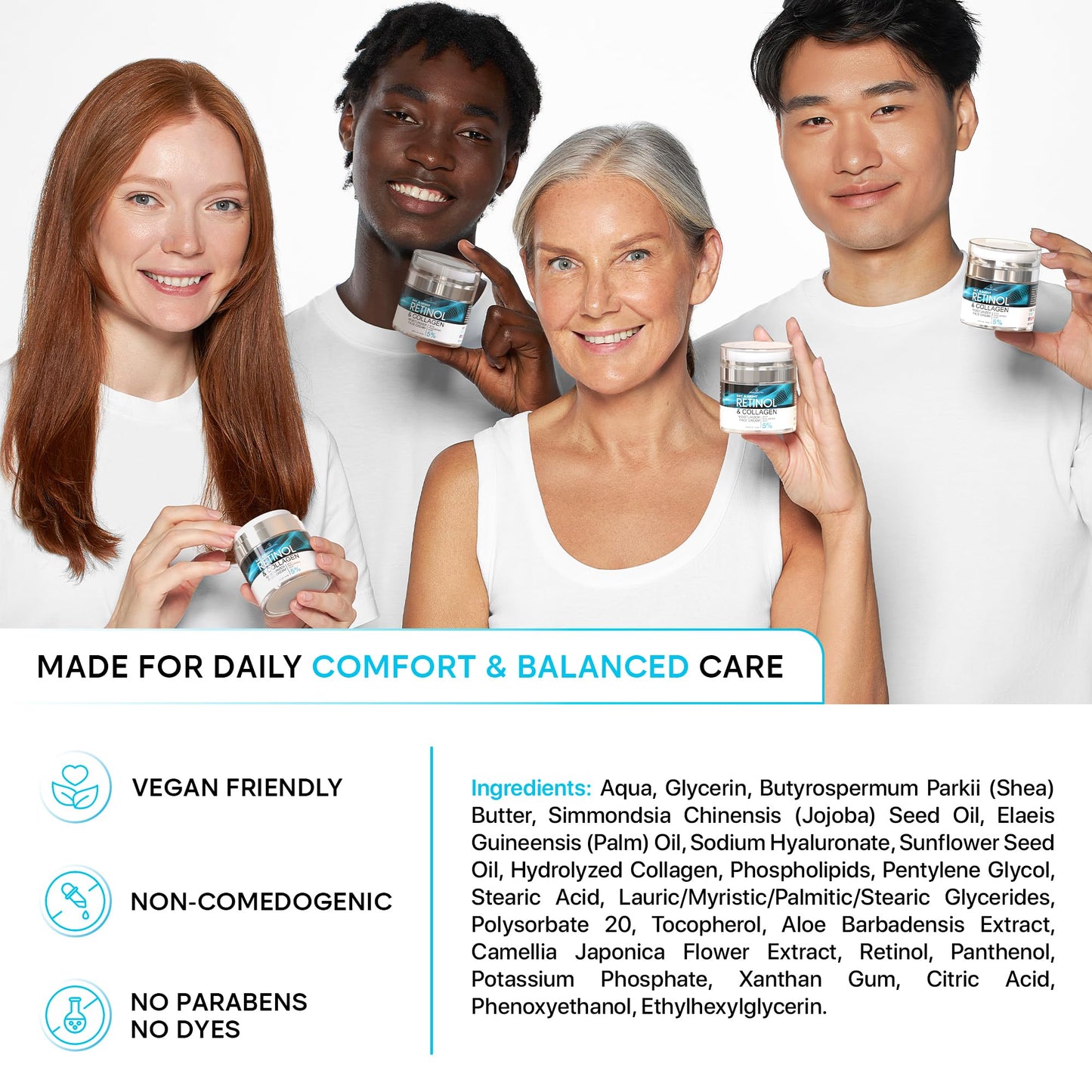 Face Moisturizer Retinol Cream, Anti Aging Neck Firming Cream, Collagen Day & Night Face Cream with Hyaluronic Acid for Women & Men, 1.85 Fl Oz - PrimeBioHealth - canada supplements