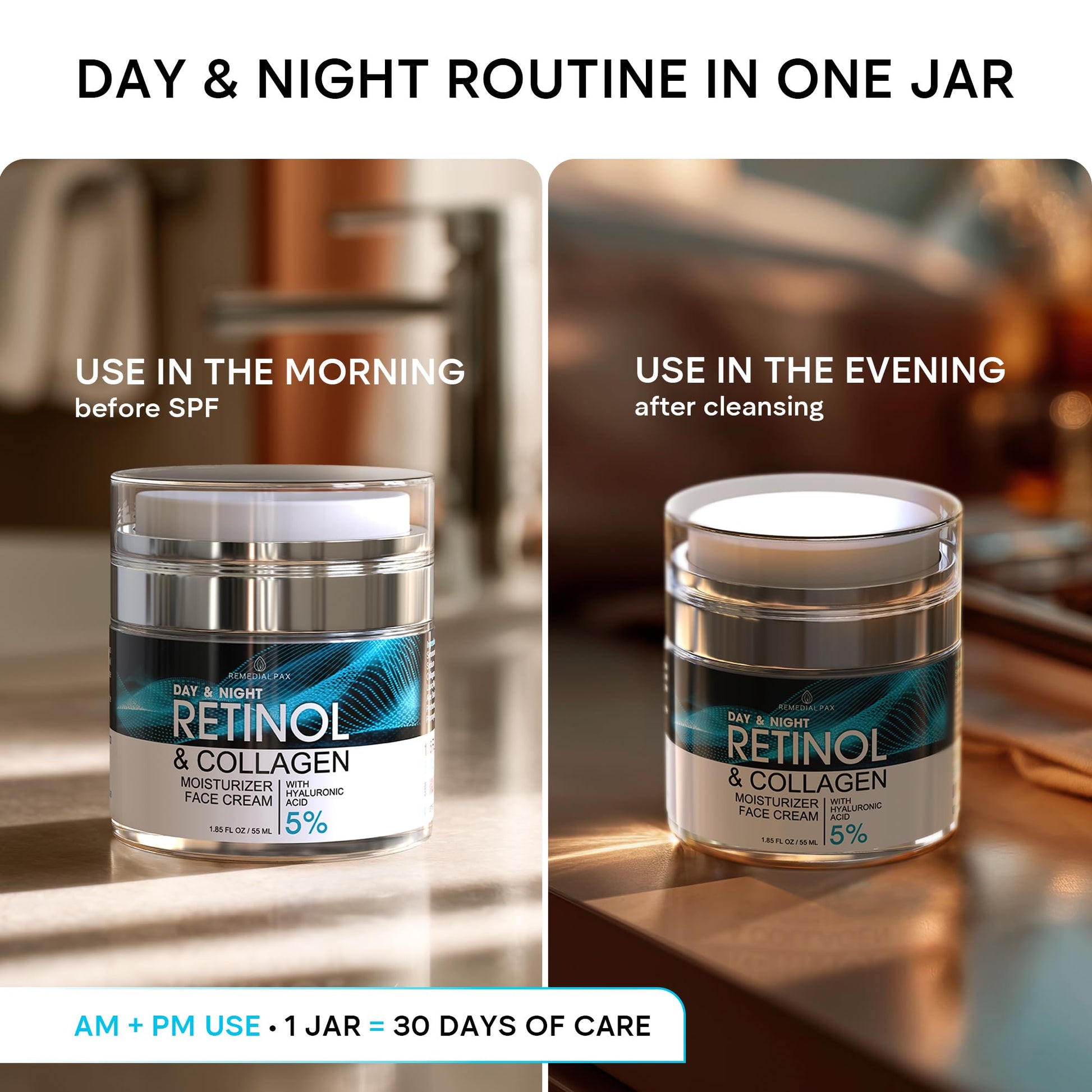 Face Moisturizer Retinol Cream, Anti Aging Neck Firming Cream, Collagen Day & Night Face Cream with Hyaluronic Acid for Women & Men, 1.85 Fl Oz - PrimeBioHealth - canada supplements