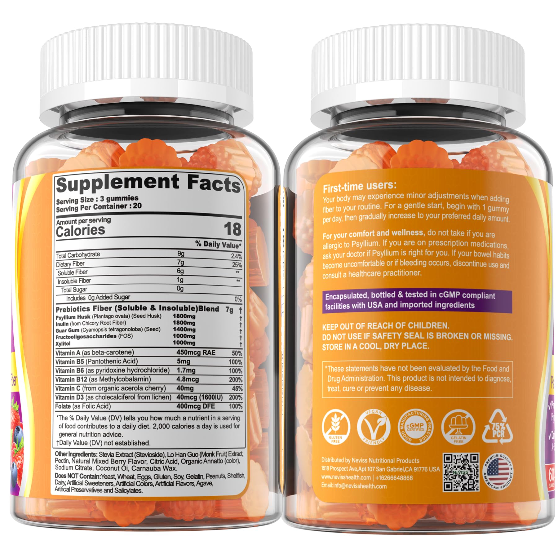 Fiber Gummies for Adults with Psyllium Husk, 7G(Soluble + Insoluble) Daily Prebiotic Fiber with Inulin, FOS, Guar Gum, Multivitamins for Daily Digestive Health, - PrimeBioHealth - canada supplements